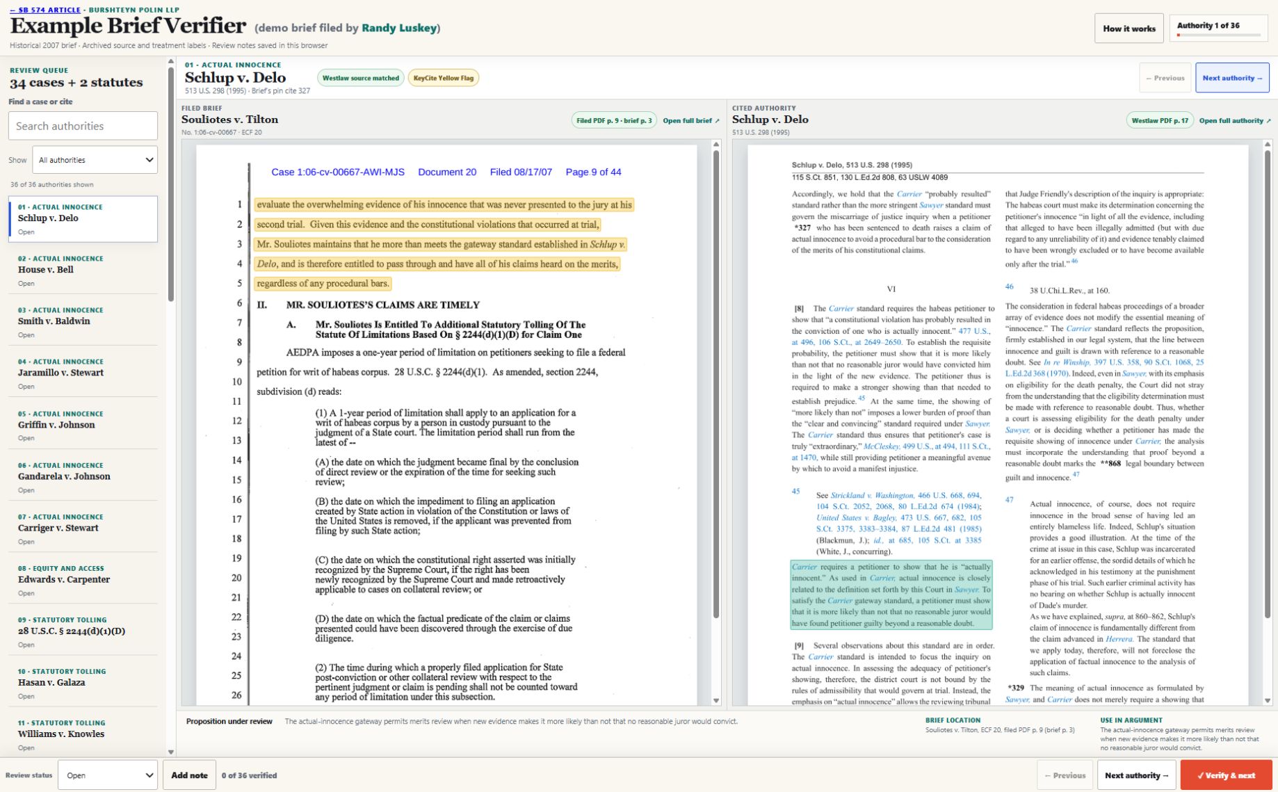 Luskey verifier showing the brief and highlighted authority side by side
